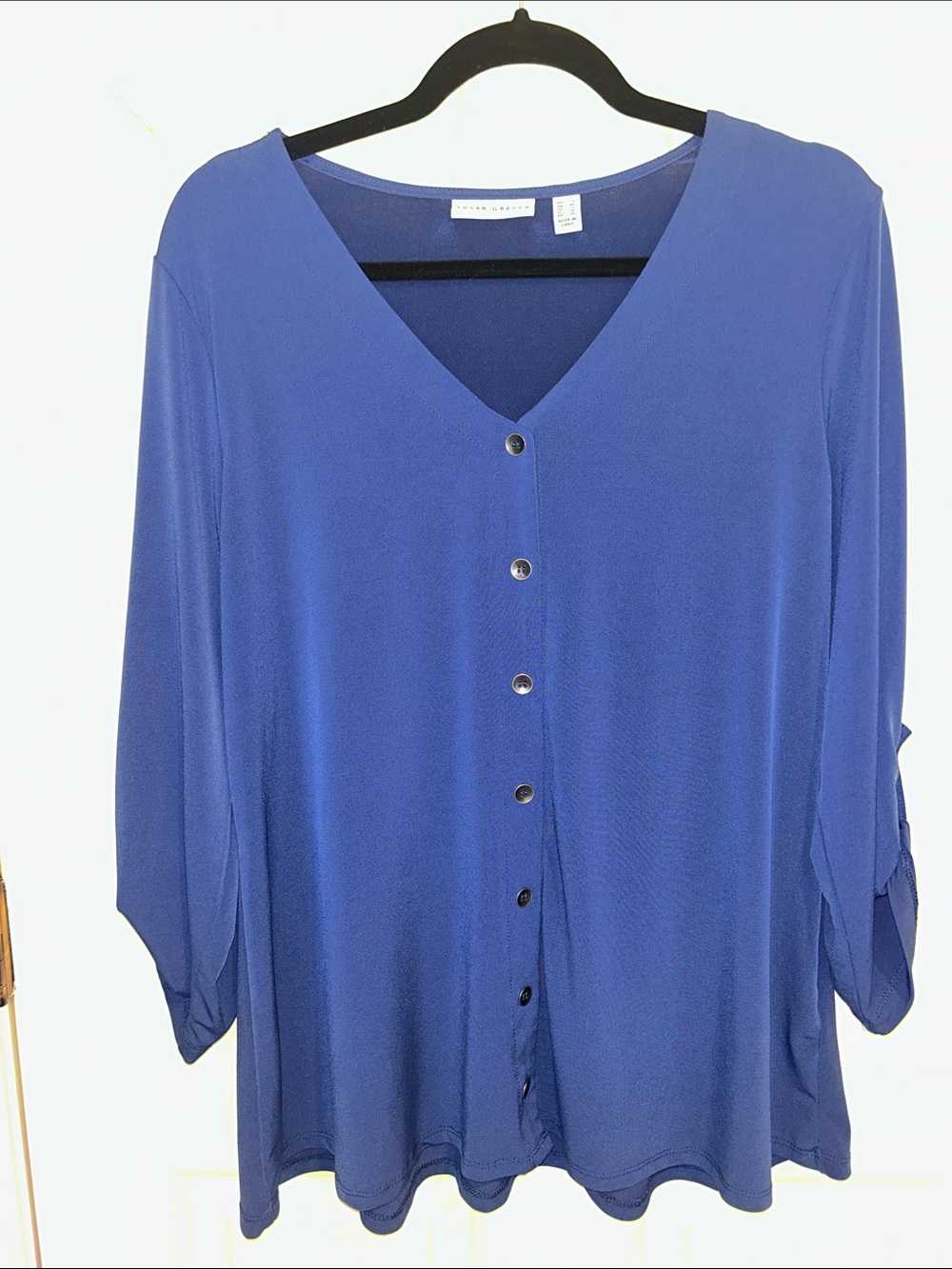 Susan Graver Liquid Knit V Neck Button Trimmed Roll Tab Top - Ocean Royal